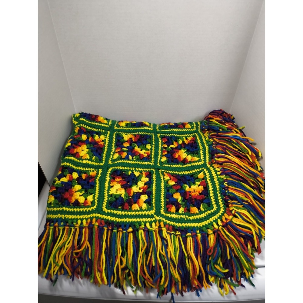 Handmade Granny Square Afghan Crochet Throw Blanket Fringe 3x5‎ Green Red Yellow